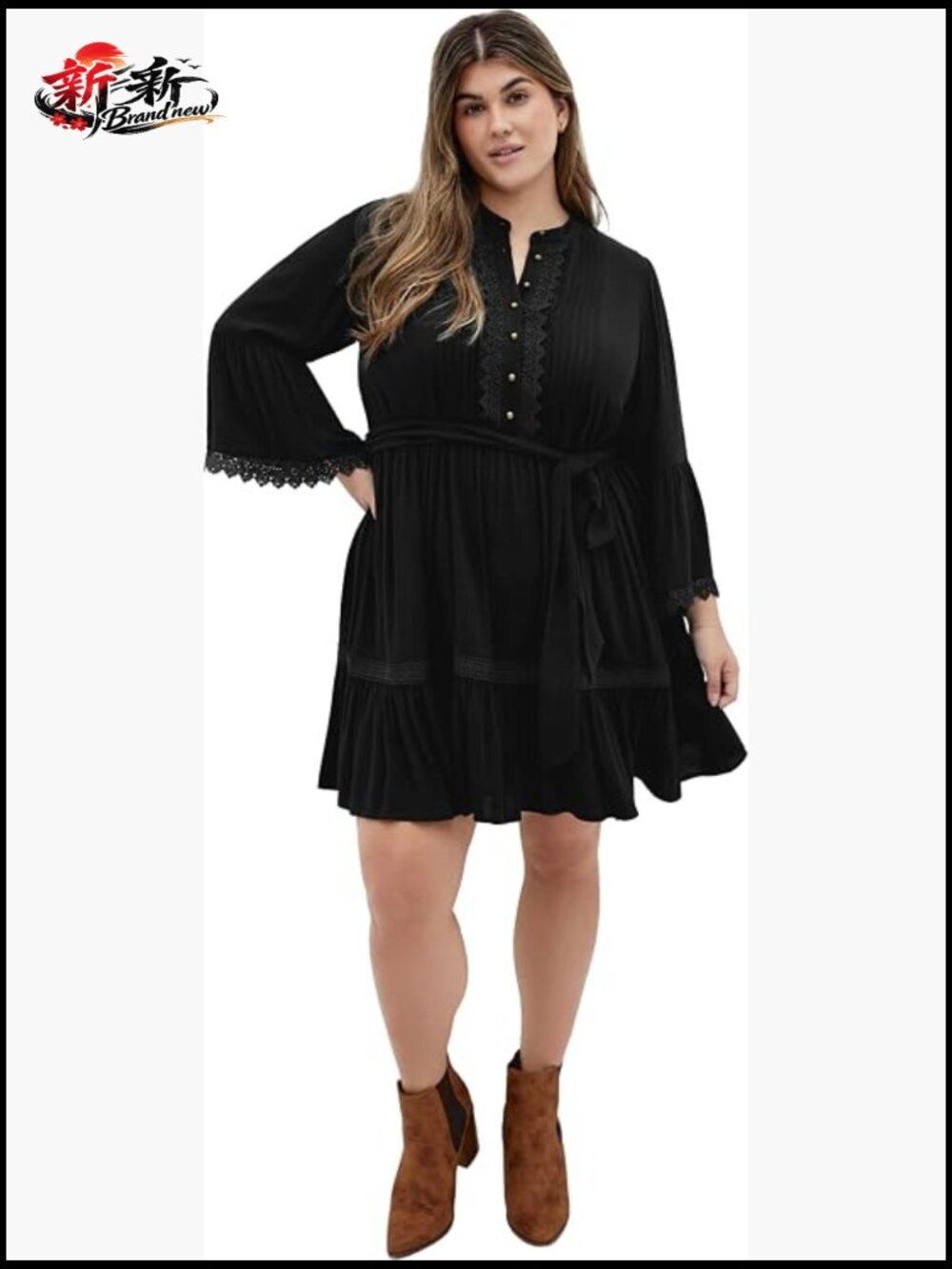 Plus Size Fit & Flare Dress with Flutter Sleeves, Side Pockets, V-Neck